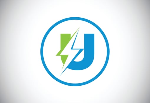Initial U letter logo design with lighting thunder bolt. Electric bolt letter logo vector
