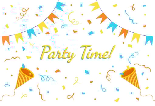 Party banner with flags and confetti, surprise, invitation card, banner, poster, bright holiday card, vector poster.