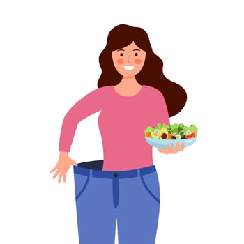 Young woman after weight loss trying her old jeans in flat design on white background. Slim good shape female after dieting and exercise. vector