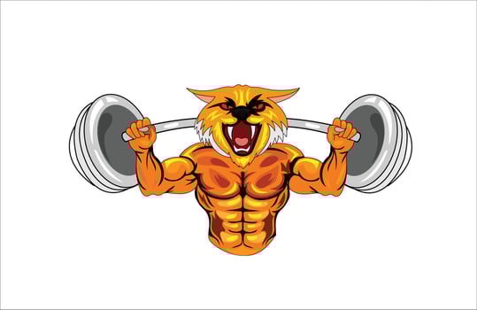 Cat bodybuilding mascot logo vector illustration on white background