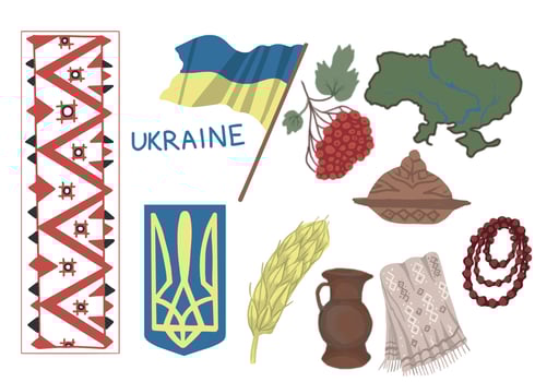 Ukraine national flag and coat of arms, country map symbols viburnum, towel loaf, red beads separate elements drawn by hand separately on a white background vector