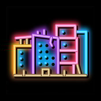 destroyed high-rise buildings neon glow icon illustration vector