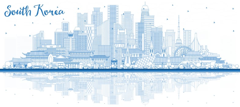 Outline South Korea City Skyline with Blue Buildings and Reflections. vector