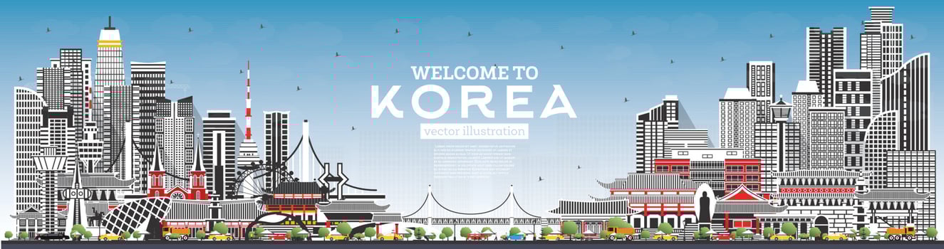 Welcome to South Korea City Skyline with Gray Buildings and Blue Sky. vector