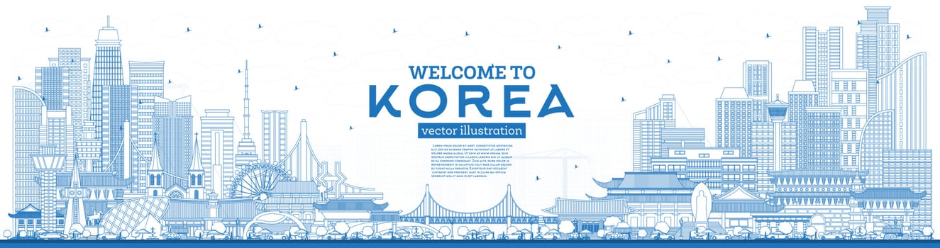 Outline Welcome to South Korea City Skyline with Blue Buildings. vector