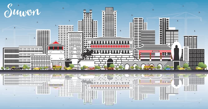 Suwon South Korea City Skyline with Color Buildings, Blue Sky and Reflections. vector