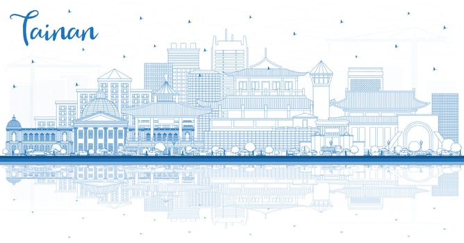 Outline Tainan Taiwan City Skyline with Blue Buildings and Reflections. vector