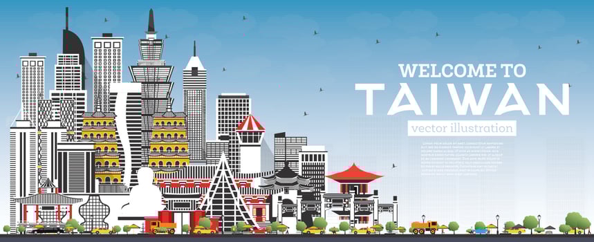 Welcome to Taiwan City Skyline with Gray Buildings and Blue Sky. vector
