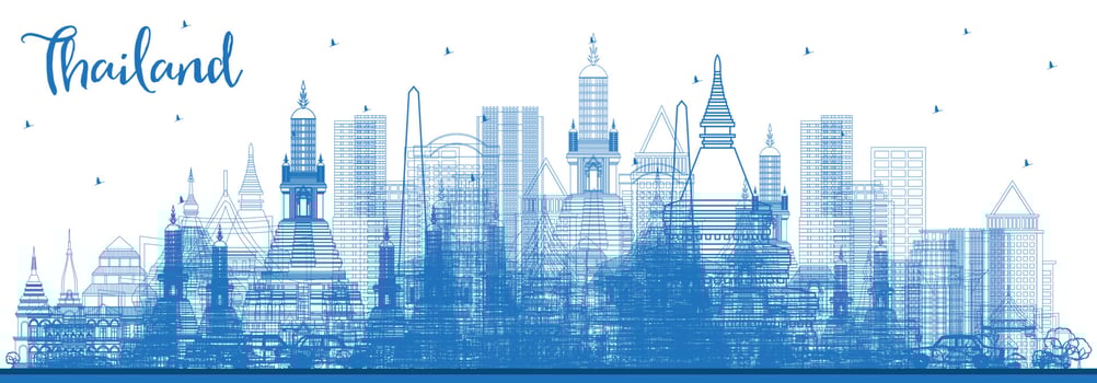 Outline Thailand City Skyline with Blue Buildings. vector