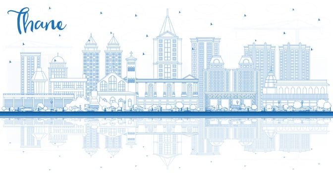 Outline Thane India City Skyline with Blue Buildings and Reflections. vector