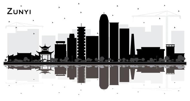Zunyi China City Skyline Silhouette with Black Buildings and Reflections Isolated on White. vector