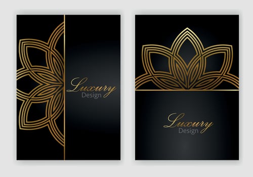 Modern cover design set. Luxury black, gold background with abstract pattern. Premium vector template for menu, invite, brochure template, lux flyer