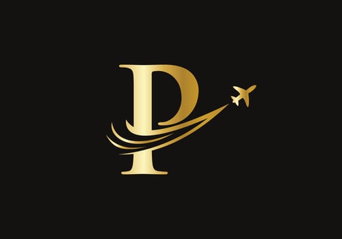 Letter P Travel Logo Design Concept With Flying Airplane Symbol vector
