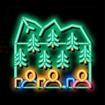people in mountain forest neon glow icon illustration vector