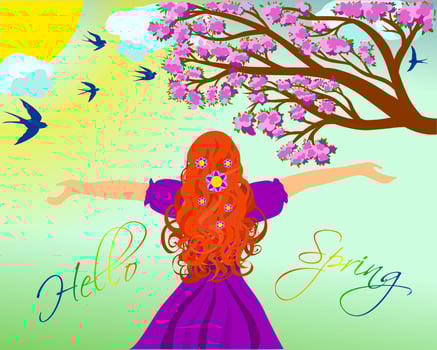 hello spring girl in purple, woman with flowers pattern character vector