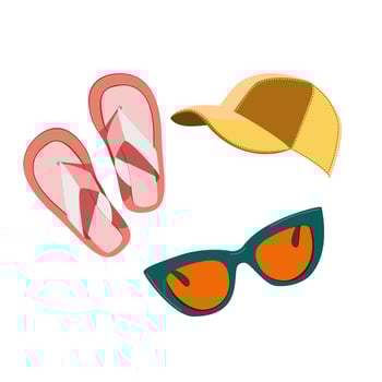 Summer accessories hat, sunglasses, and sandals in flat technique vector