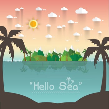 paradise coast landscape with mountains. Summer camp vacation concept in flat style vector