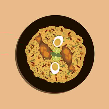 Chicken biryani Spicy Indian Malabar biryani Hyderabadi biryani, Dum Biriyani pulao golden bowl Kerala India Sri Lanka Pakistan basmati rice mixed rice dish with meat curry Ramadan Kareem, Eid vector