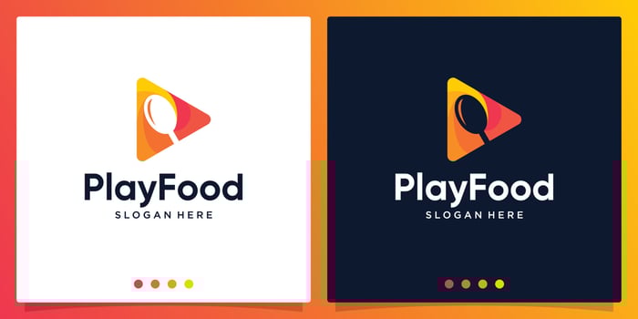 Food spoon fork logo with Music Video Logo Design Inspiration or Play Button. Premium Vector