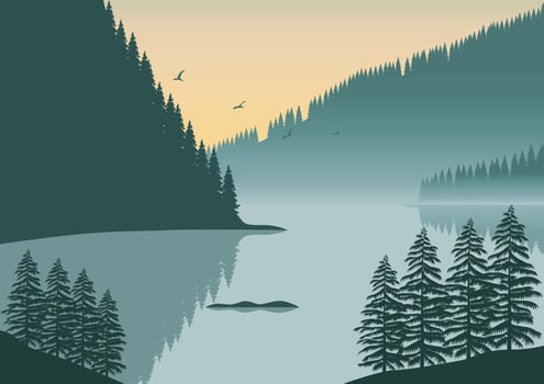 landscape reflected in the lake with mountains vector illustration.