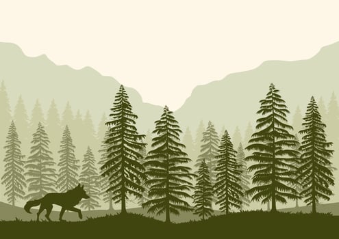 forest landscape and wolf vector illustration with a green silhouette.
