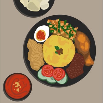 Nasi Kuning is an Indonesian Food which means Yellow Rice. The rice is served with a bunch of side dishes. Nasi Kuning is commonly served as breakfast or lunch. Food illustration vector. Food cartoon vector