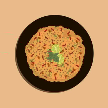 Overhead view of a stoneware bowl filled with Mexican rice and beans isolated on a black plate. Food illustration vector. Food cartoon. vector