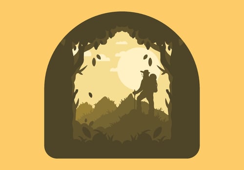 silhouette flat illustration of a mountain climber standing on top of a hill vector