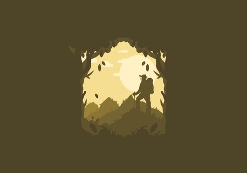 silhouette flat illustration of a mountain climber standing on top of a hill vector