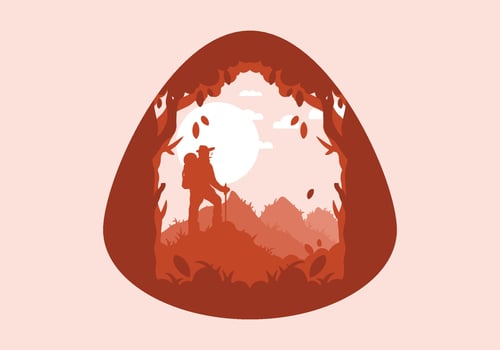 silhouette flat illustration of a mountain climber standing on top of a hill vector