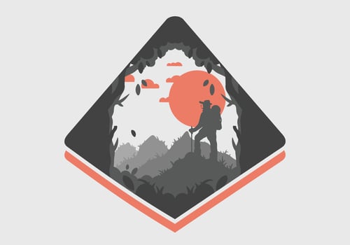 silhouette flat illustration of a mountain climber standing on top of a hill vector