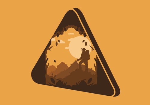silhouette flat illustration of a mountain climber standing on top of a hill vector