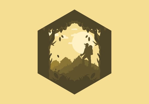 silhouette flat illustration of a mountain climber standing on top of a hill vector