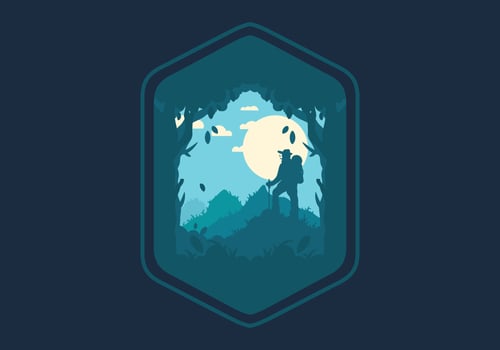 silhouette flat illustration of a mountain climber standing on top of a hill vector