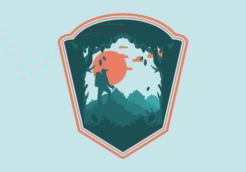 silhouette flat illustration of a mountain climber standing on top of a hill vector