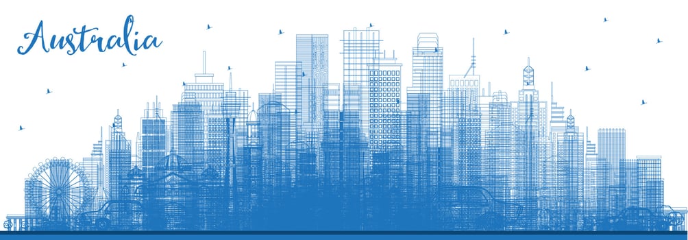 Outline Australia City Skyline with Blue Buildings. vector