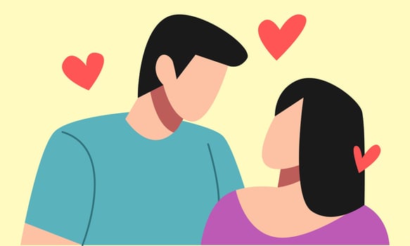 man and woman fall in love. stare at each other. half body. heart icon, love. concept of couple, love, affection. vector illustration in flat style.