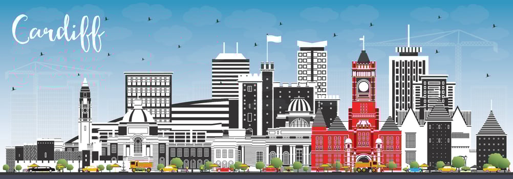Cardiff Wales City Skyline with Color Buildings and Blue Sky. vector