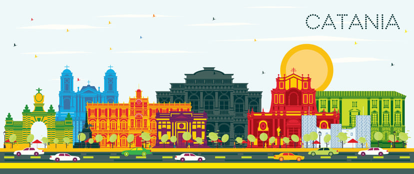 Catania Italy City Skyline with Color Buildings and Blue Sky. vector