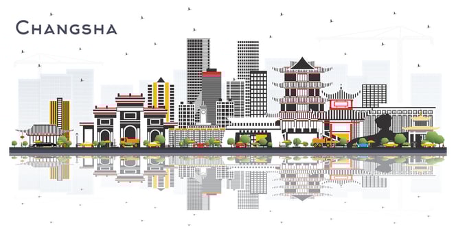 Changsha China City Skyline with Gray Buildings and Reflections Isolated on White. vector