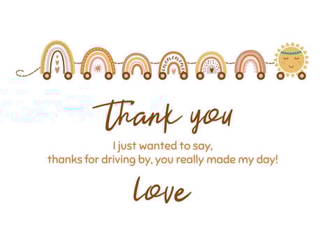 Cute thank you card with train from pastel scandinavian rainbow, star. Baby shower element. Kids birthday thanks card template. Vector illustration. Baby poster for girls, boys. Gender neutral.