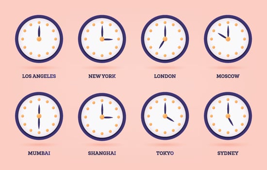 Set of 3D Clock for Different Time Zones and Cities. vector