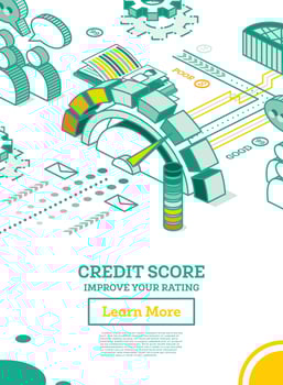Isometric Personal Credit Score or Rating Concept. Credit Score Calculated in Computer's Cloud. vector