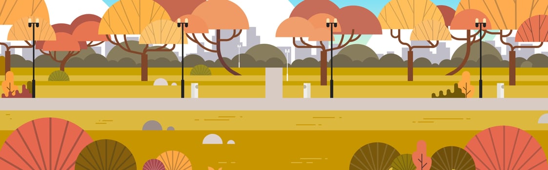Urban park outdoor and city park autumn landscape horizontal banner flat vector illustration.