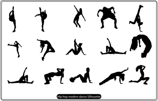 Dancing street dance silhouettes in urban style on white background, vector illustration free