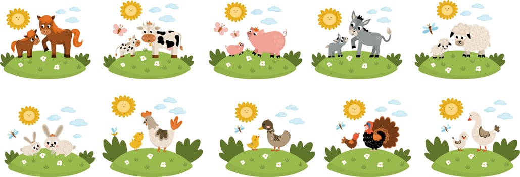 Vector farm animal scenes set. Collection with cow, horse, goat, sheep, duck, hen, pig and their babies. Cute country mother and baby illustration with grass background, sun, clouds