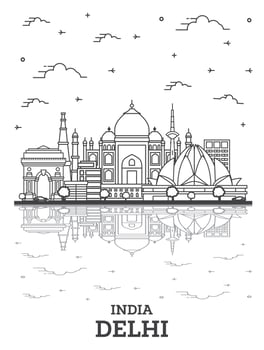 Outline Delhi India City Skyline with Historic Buildings and Reflections Isolated on White. vector