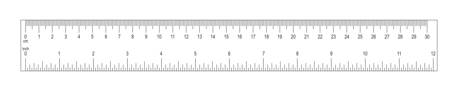 Horizontal ruler with 30 centimeter and 12 inch scale. Measuring chart with markup and numbers. Distance, height or length measurement tool vector