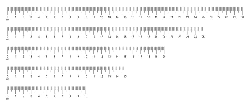 Scale of ruler with numbers set. Horizontal measuring chart with 30, 25, 20, 25, 10 centimeters markup. Distance, height or length measurement math or sewing tool vector