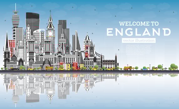 Welcome to England City Skyline with Gray Buildings, Blue Sky and Reflections. vector